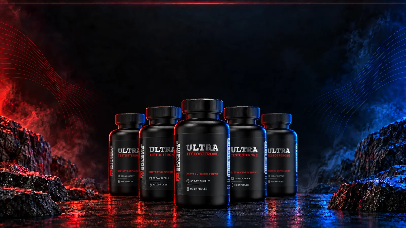 Ultra Testosterone bottles with red and blue lighting